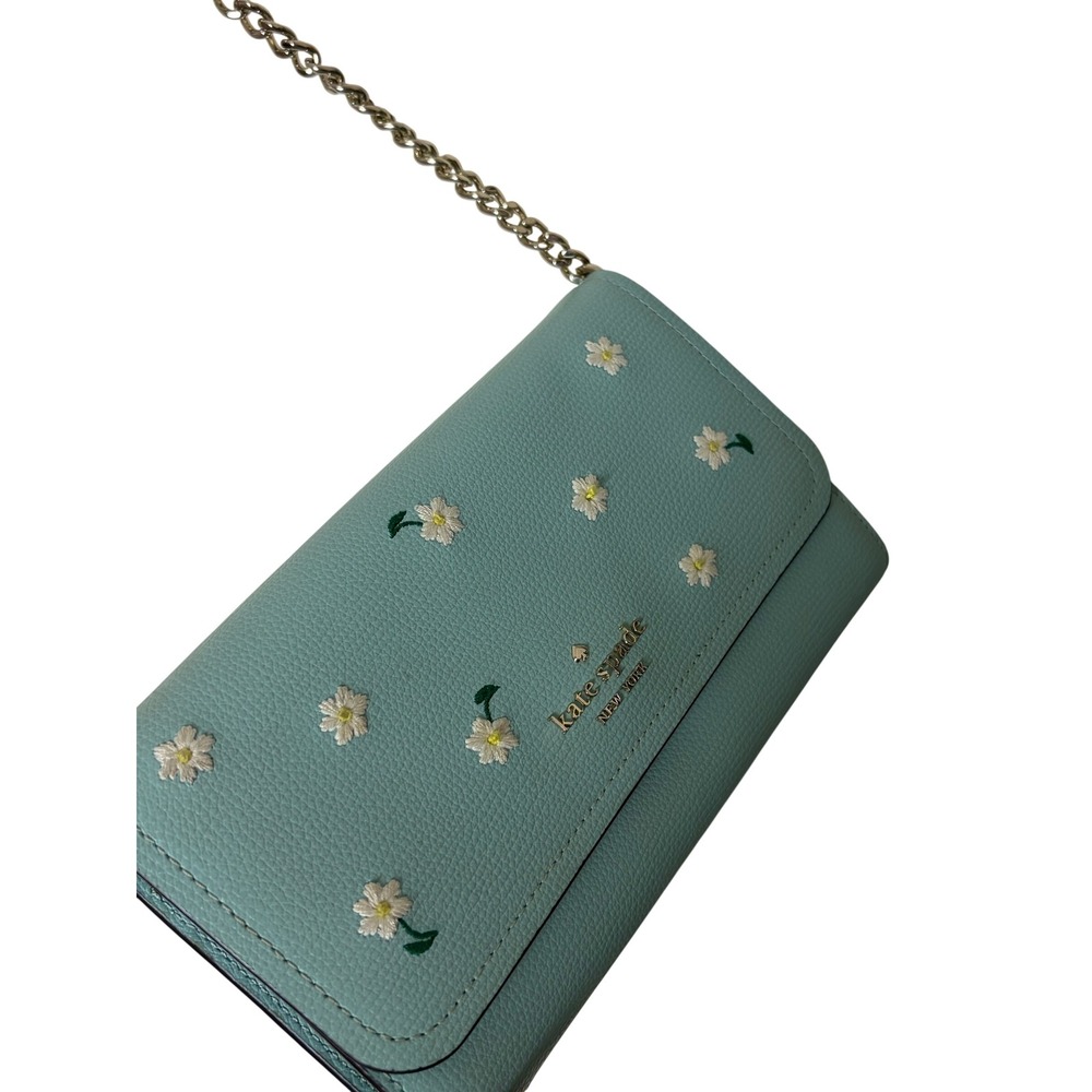 Kate Spade Darcy Daisy Embroidered‎ Teal Pebbled Leather Wallet Crossbody Bag